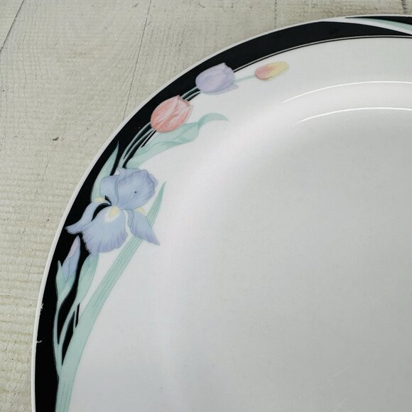 Excel CARAVEL Pink Purple Floral Iris Tulips Black Border Dinner Plates Set of 4 - Picture 13 of 16